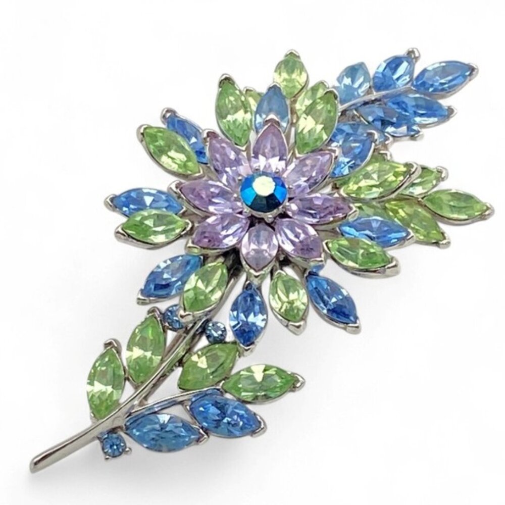 Vintage Crown Trifari Pastel Rhinestone Flower Leaf Brooch Lavender Blue Green